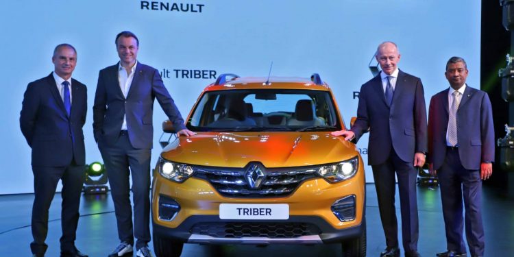 Top officials of the Renault Group (from left) Fabrice Cambolive, Laurens Van Den Acker, Thierry Bollore and Venkatram Mammillapalle at the launch of Triber in New Delhi, Wednesday  