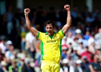 Mitchell Starc rejoices after dismissing a West Indies batsman, Thursday