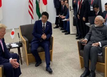 US President Donald Trump, Japanese Prime Minister Shinto Abe and Indian Prime Minister Narendra Modi during their trilateral meeting at Osaka