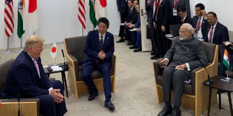 US President Donald Trump, Japanese Prime Minister Shinto Abe and Indian Prime Minister Narendra Modi during their trilateral meeting at Osaka