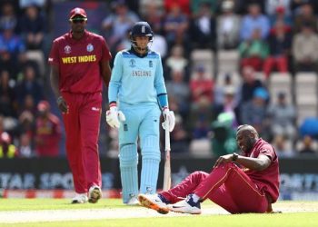 Andre Russell (on ground) has been suffering from a knee injury all through the World Cup