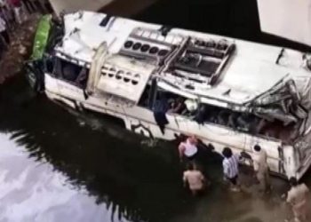 he double-decker bus with about 50 passengers on board was heading to Delhi from Lucknow.