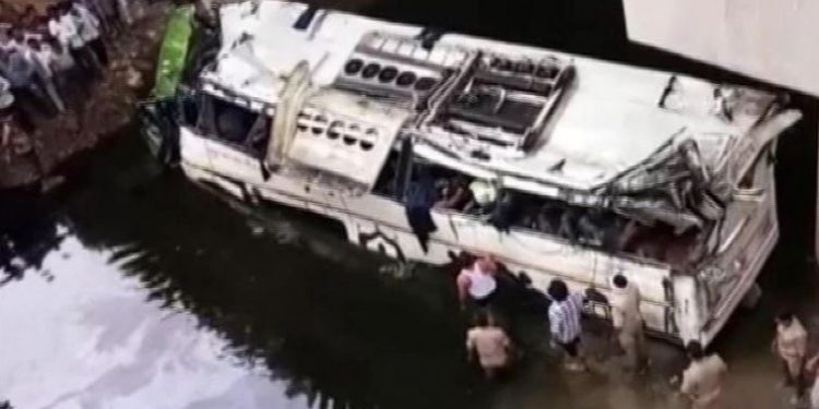 he double-decker bus with about 50 passengers on board was heading to Delhi from Lucknow.