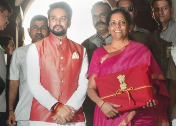 Finance Minister Nirmala Sitharaman and MoS Anurag Thakur arrive at Parliament to present the Union Budget 2019-20