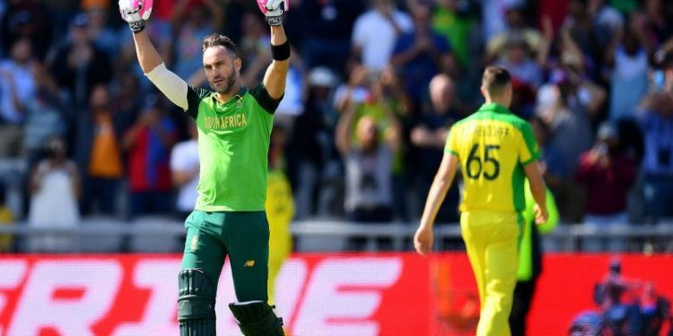 Faf du Plessis celebrates after reaching his century against Australia