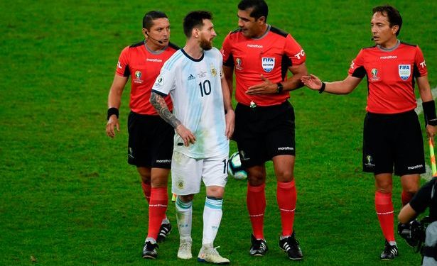 Lionel Messi of Argentina argues with match officials after his side's loss to Brazil in the Copa America semifinals