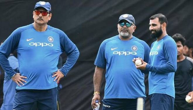 (From left) Head coach Ravi Shastri, bowling coach Bharat Arun and Mohammed Shami who should have played against New Zealand