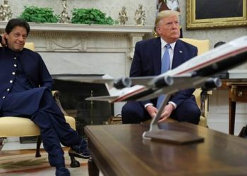 U.S. President Donald Trump and Pakistan’s Prime Minister Khan listen to reporters questions while meeting in the Oval Office at the White House in Washington, U.S., July 22, 2019. REUTERS/Jonathan Ernst