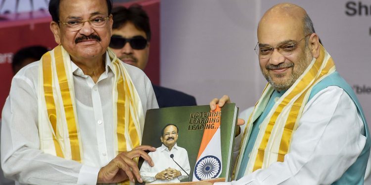 Union Home Minister Amit Shah along with Vice-President M Venkiah Naidu during the book launch programme, Sunday