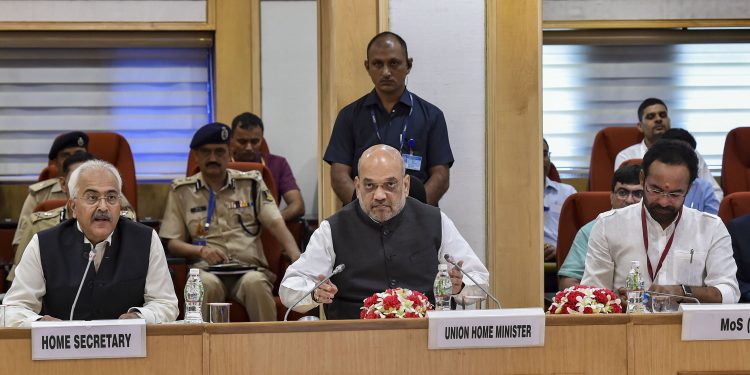 Home Minister Amit Shah, Minister of State G Kishan Reddy and Home Secretary Ajay Kumar Bhalla (L) during the review meeting, Monday