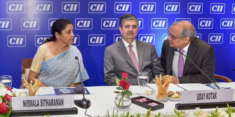 (From left): Nirmala Sitharaman, Uday Kotak and Chandrajit Banerjee