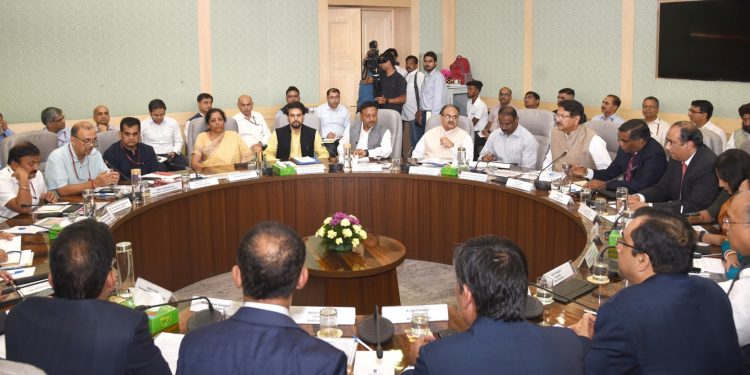 New Delhi: Union Finance and Corporate Affairs Minister Nirmala Sitharaman and Union MoS Finance and Corporate Affairs Anurag Singh Thakur chair a meeting with the representatives of Industry Sector, in New Delhi on Aug 8, 2019. Also seen NITI Aayog CEO Amitabh Kant. (Photo: IANS/PIB)