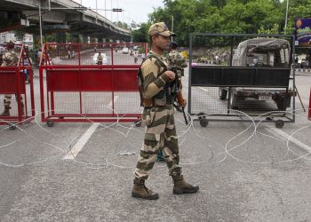 Paramilitary personnel on duty at a locality in Jammu, Wednesday