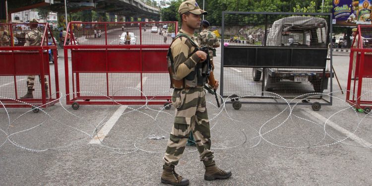 Paramilitary personnel on duty at a locality in Jammu, Wednesday