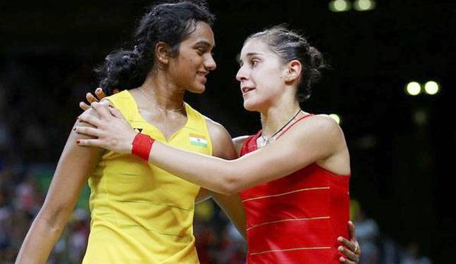 Carolina Marin and PV Sindhu. File pic