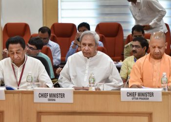 Odisha Chief Minister Naveen Patnaik along with MP CM Kamal Nath (L) and UP Chief Minister Yogi Adityanath during the meeting, Monday at New Delhi