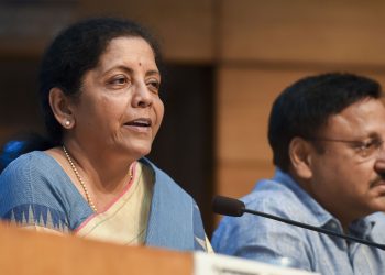 Finance Minister Nirmala Sitharaman with Finance Secretary Rajiv Kumar during the press conference in New Delhi, Friday