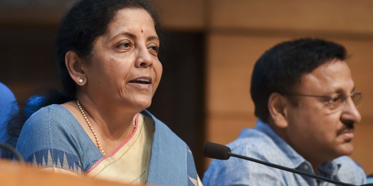 Finance Minister Nirmala Sitharaman with Finance Secretary Rajiv Kumar during the press conference in New Delhi, Friday