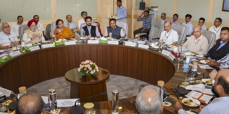Finance Minister Nirmala Sitharaman and other senior officials during the meeting with real estate industry representatives, Sunday