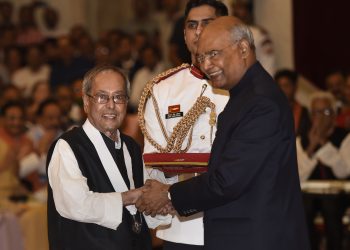 President Ram Nath Kovind confers Bharat Ratna upon former president Pranab Mukherjee during a ceremony at Rashtrapati Bhavan, in New Delhi, Thursday,. (PTI)