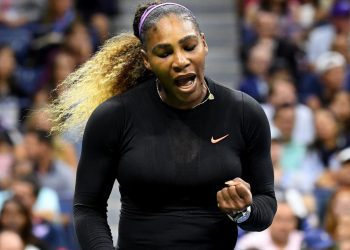 Serena Williams is all pumped up after her first round victory, Monday