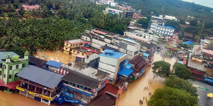An aerial view of the flooded Malappuram district in Kerala
