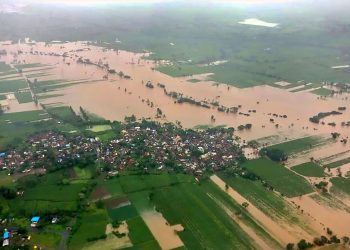An aerial view of a flooded area in Kolhapur district