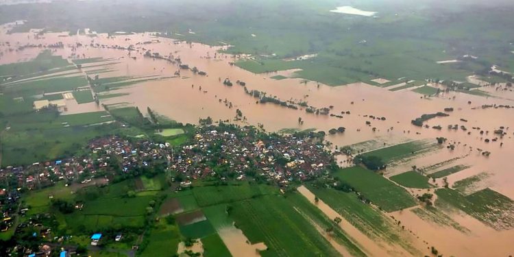 An aerial view of a flooded area in Kolhapur district