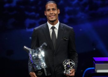 The Dutch international received the trophy at the end of the 2019-2020 UEFA Champions League group stage draw held at Grimaldi Forum in Monaco.