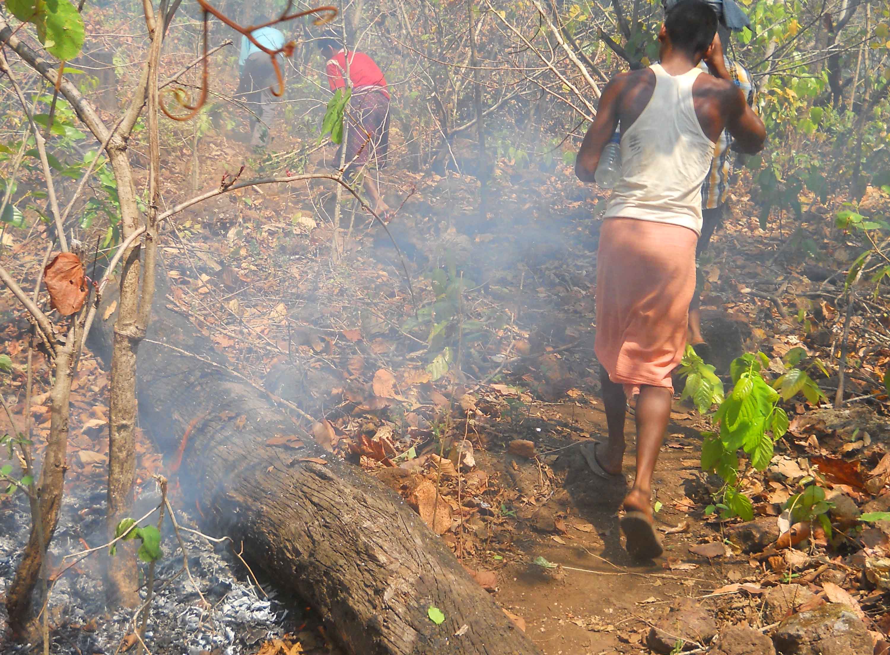 Community members extinguishing fire in jungle (2)