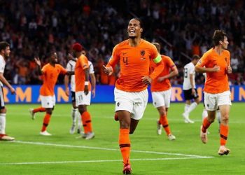 Donyell Malen celebrates after scoring his maiden goal for the Netherlands during the game against Germany, Friday