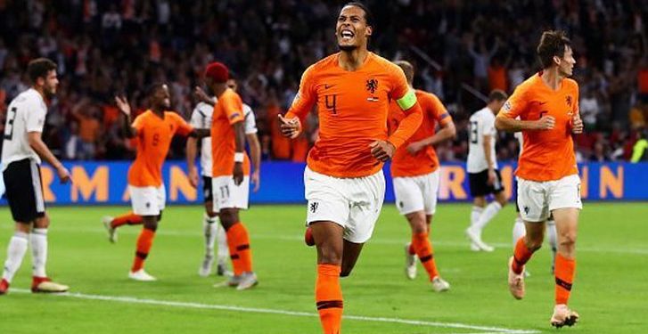 Donyell Malen celebrates after scoring his maiden goal for the Netherlands during the game against Germany, Friday