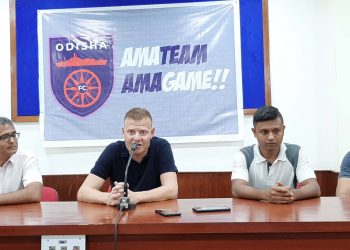Odisha FC coach Joseph Gambau (2nd L) addresses the media at the Kalinga Stadium, Tuesday. Other officials of the ISL franchise can also be seen in the picture