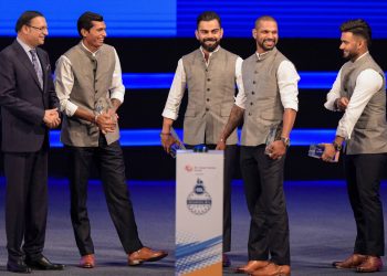 (From Left) DDCA president Rajat Sharma, Navdeep Saini, Virat Kohli, Shikhar Dhawan and Rishabh Pant