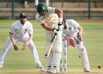 South Africa skipper Aiden Makram bats in the match against India