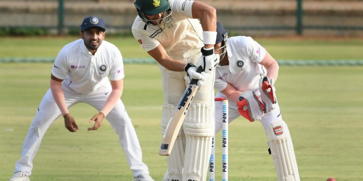 South Africa skipper Aiden Makram bats in the match against India