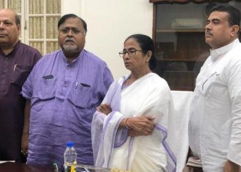 (From Left): Omprakash Mishra, Partha Chatterjee, Mamata Banerjee, Suvendu Adhikari    Photo courtesy TMC Facebook