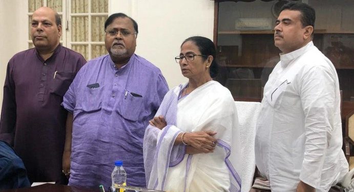 (From Left): Omprakash Mishra, Partha Chatterjee, Mamata Banerjee, Suvendu Adhikari    Photo courtesy TMC Facebook