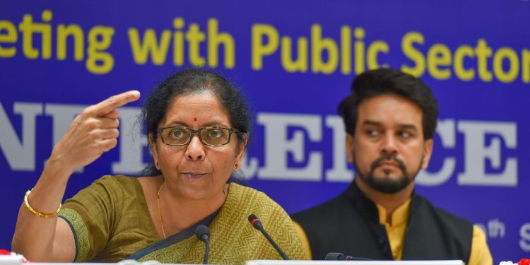 Finance Minister Nirmala Sitharam addresses the media after her meeting with bank officials
