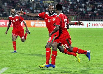 Oman's Alawi Al Mandhar (No. 11) is all smiles after scoring the winning goal against India