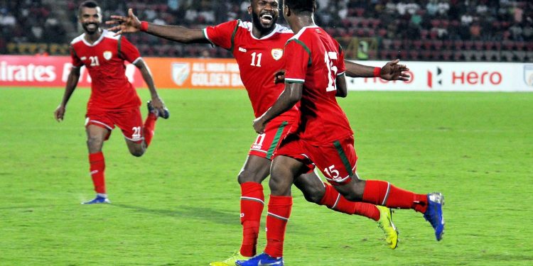 Oman's Alawi Al Mandhar (No. 11) is all smiles after scoring the winning goal against India