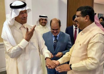 Oil Minister Dharmendra Pradhan with his Saudi Arabian counterpart Abdulaziz bin Salman in Jeddah