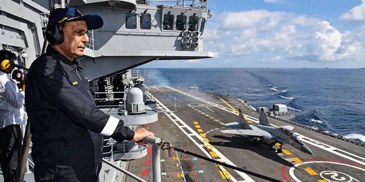 Rajnath Singh on INS Vikramaditya