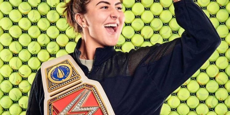 The WWE belt contains Andreescu's full name along with the logo of the US Open.