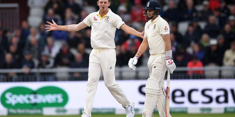 Josh Hazlewood celebrates after dismissing England skipper Joe Root at Old Trafford, Friday