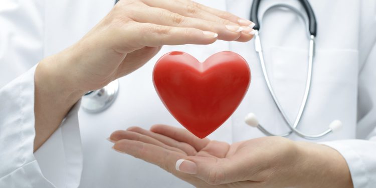 Female doctor with the stethoscope holding heart