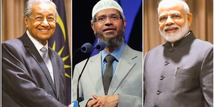 (From left) Mahathir Mohamad,  Zakir Naik,and Narendra Modi