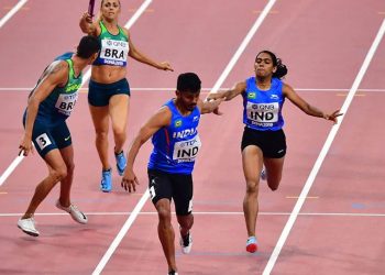 The team of Muhammed Anas, V K Vismaya, Jisna Mathew and Tom Nirmal Noah clocked 3 minute 15.77 seconds to finish seventh in the field of eight countries Sunday.