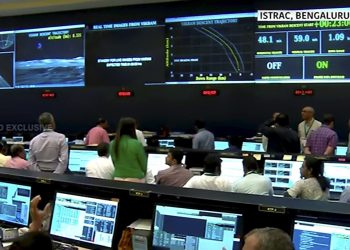 Officials of ISRO watching giant screen to track the landing of Vikram