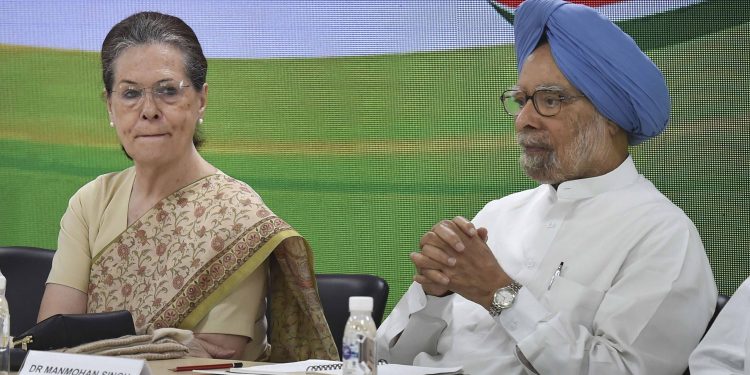 Congress president Sonia Gandhi and former Prime Minister Manmohan Singh during the meeting, Thursday